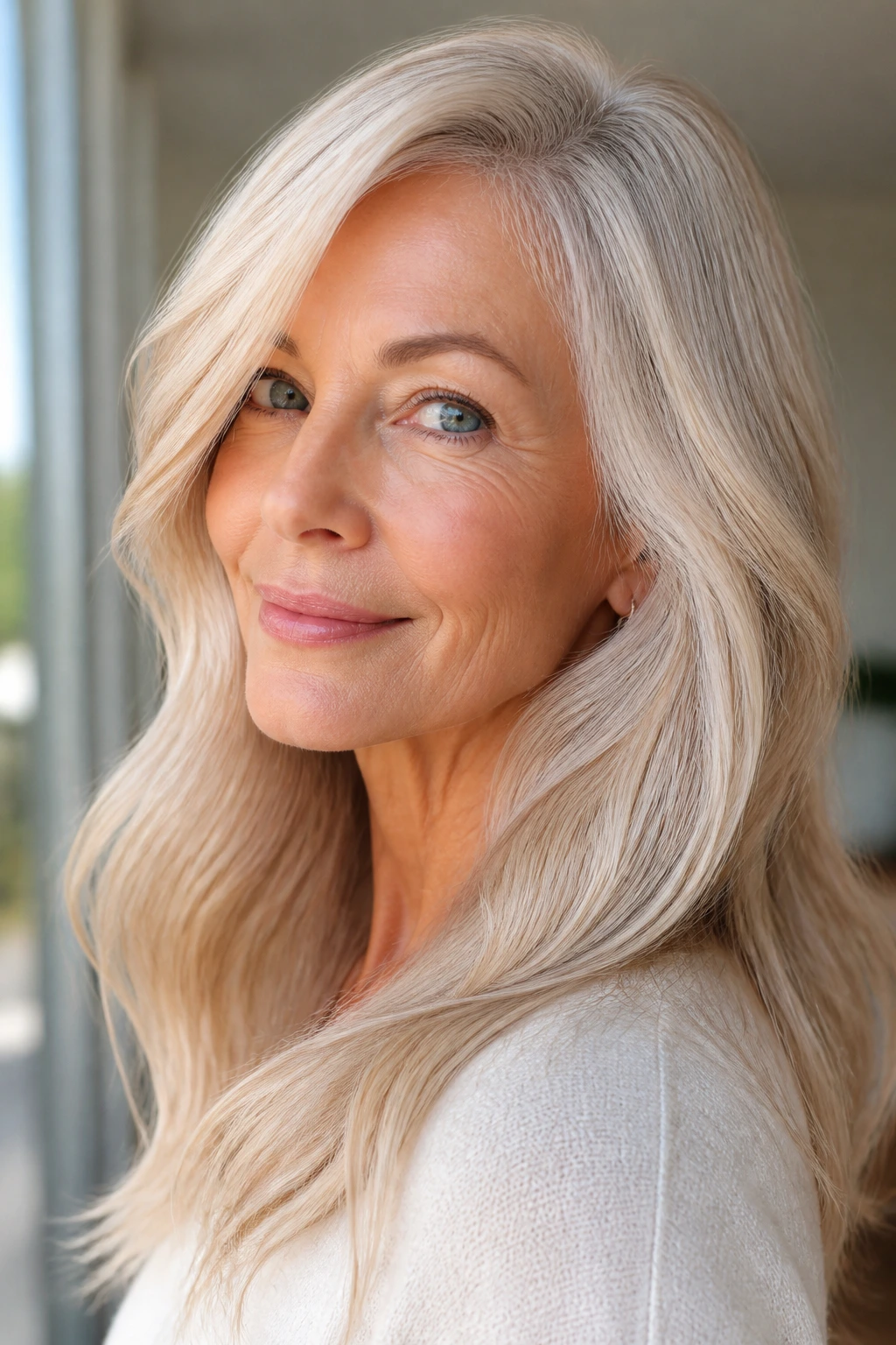 Close-up portrait of a woman with pearl blonde hair and soft shine by a sunlit window.