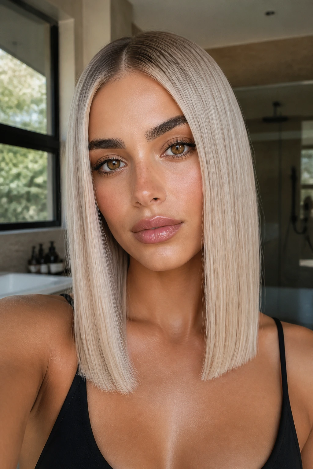 Close-up of a real woman with pearl blonde straight hair and blunt cut in natural light.