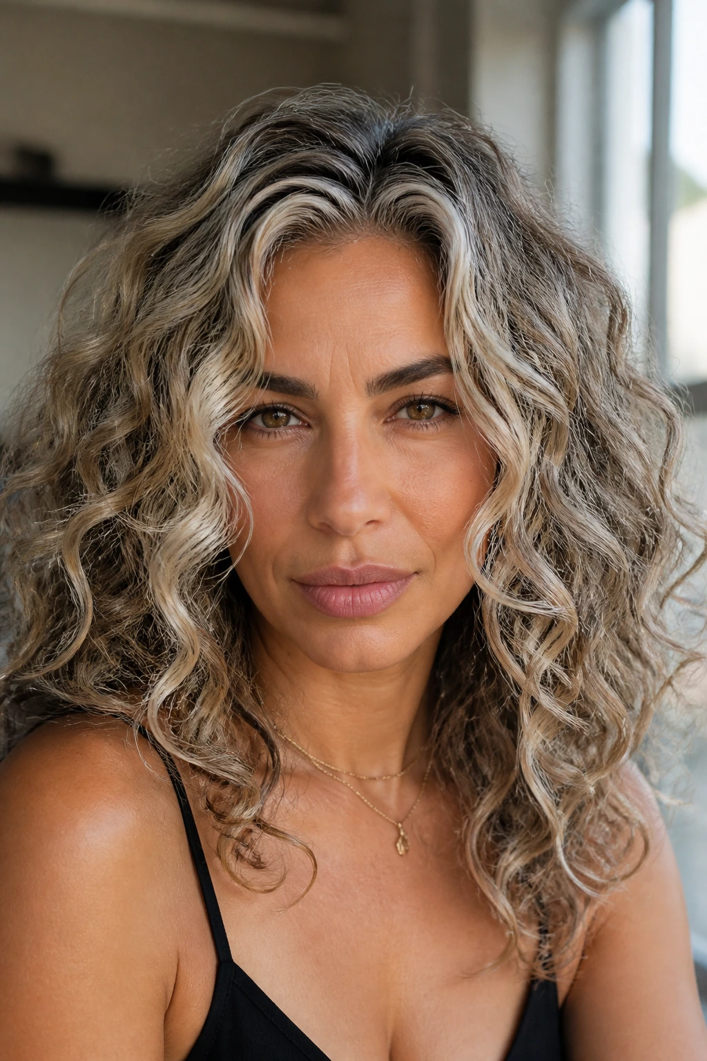 Close-up portrait of a real woman with pearl blonde streaks over shadow roots on olive skin