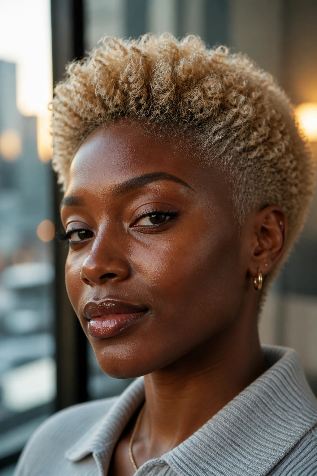 Close-up portrait of a real woman with pearl blonde tapered Afro.