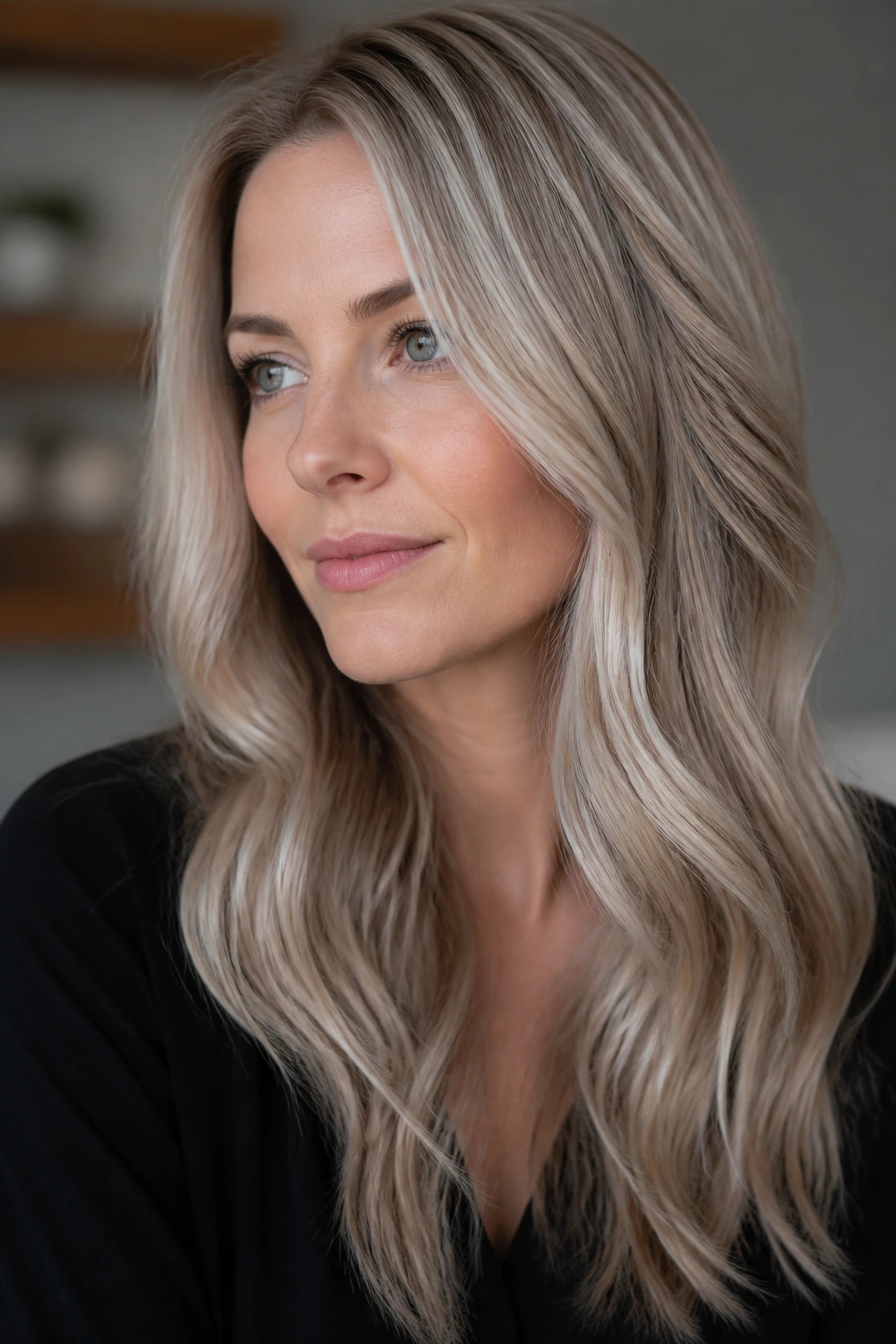 Portrait of a woman with pearl blonde and taupe depth.