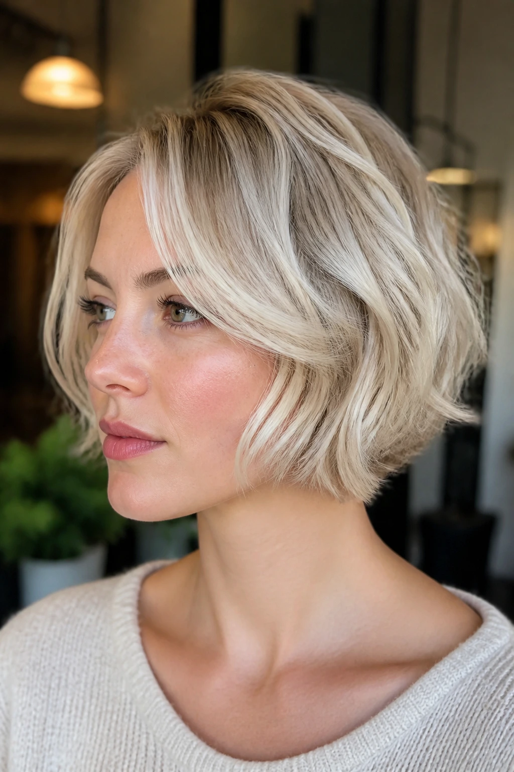 Portrait of a woman with textured pearl blonde French bob.