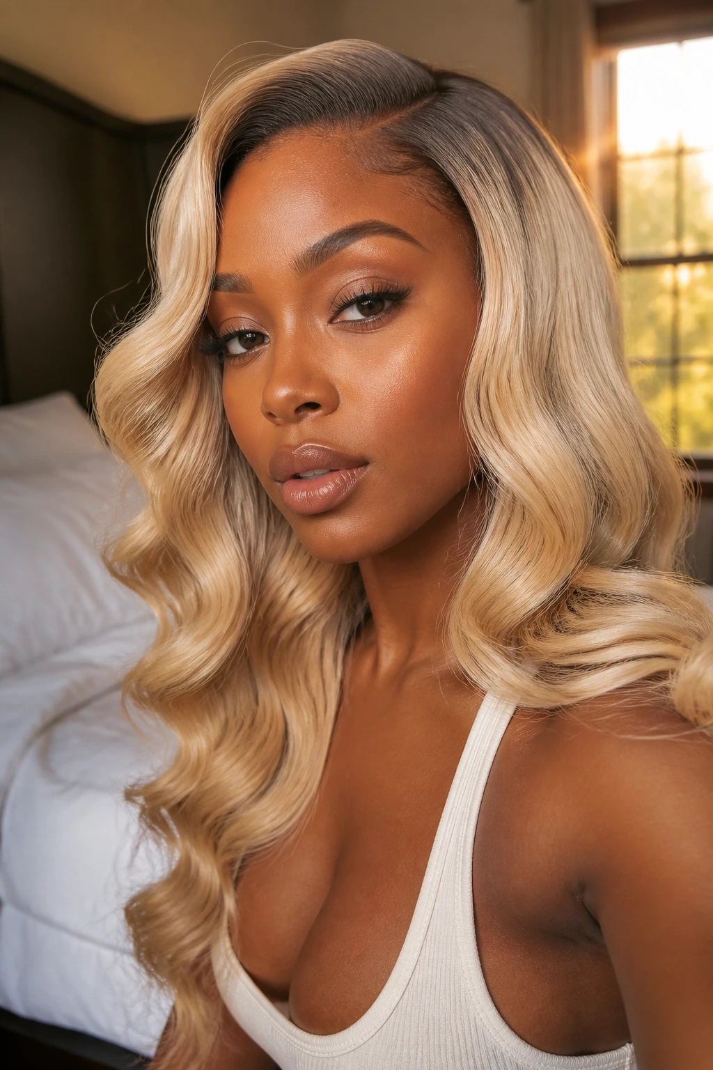 Close-up of a real woman with pearl-blonde Hollywood waves and visible root shadow on deep skin.