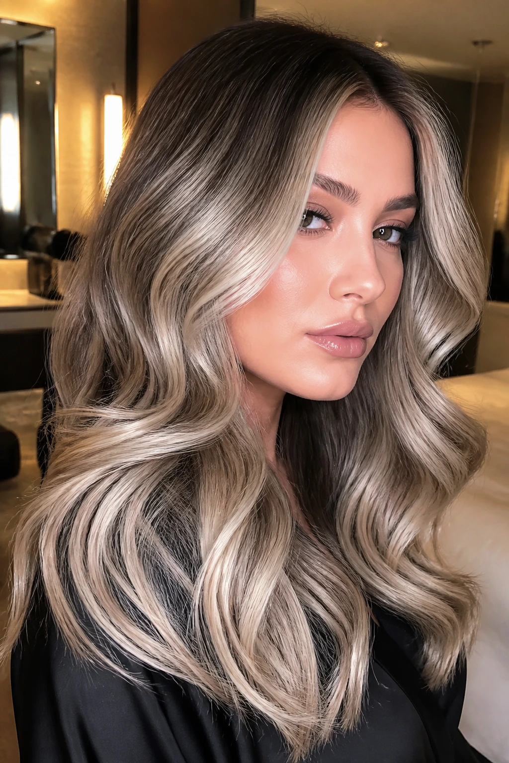 Close-up portrait of a real person with pale pearl blonde waves in a chic setting.