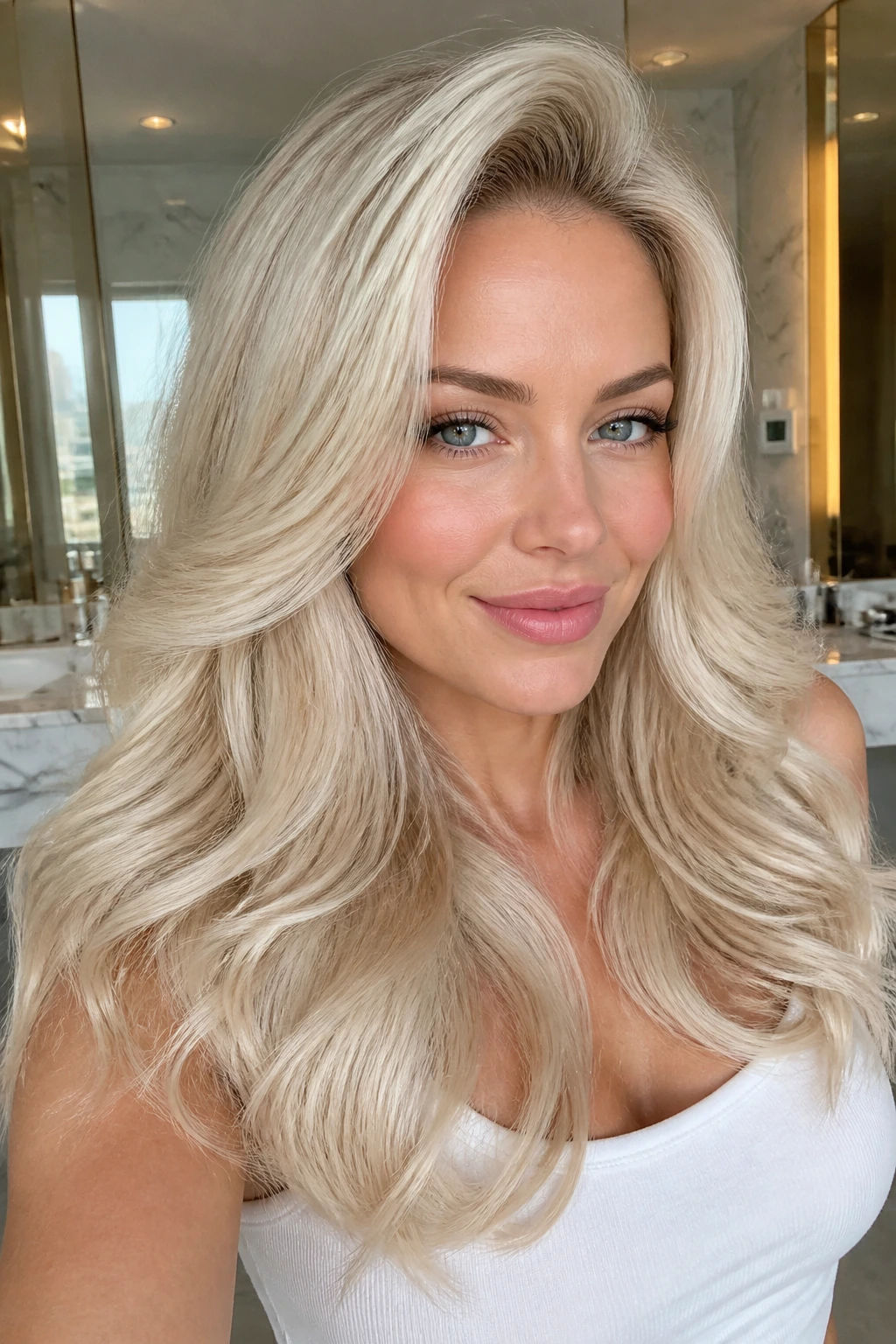 Close-up portrait of a real woman with pearl-blonde Hollywood blowout waves