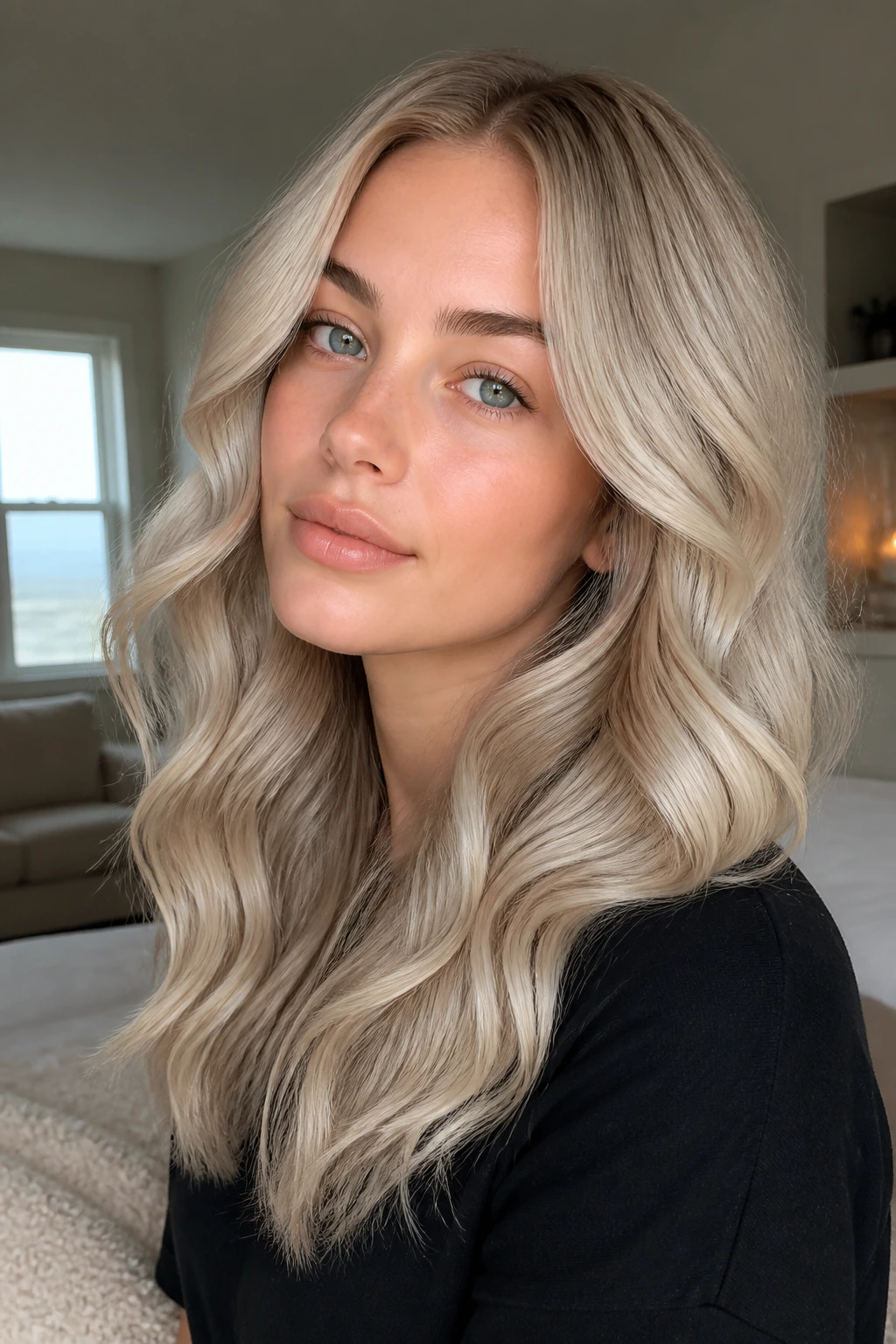 Real woman with pearl blonde waves and satin finish