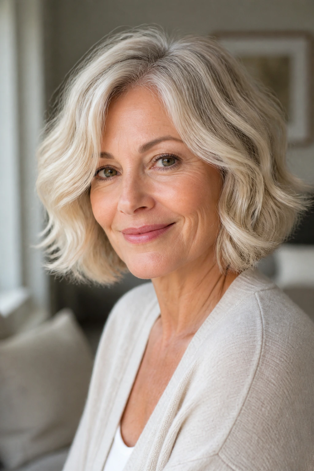 Real woman with pearl blonde wavy bob in softly lit room.