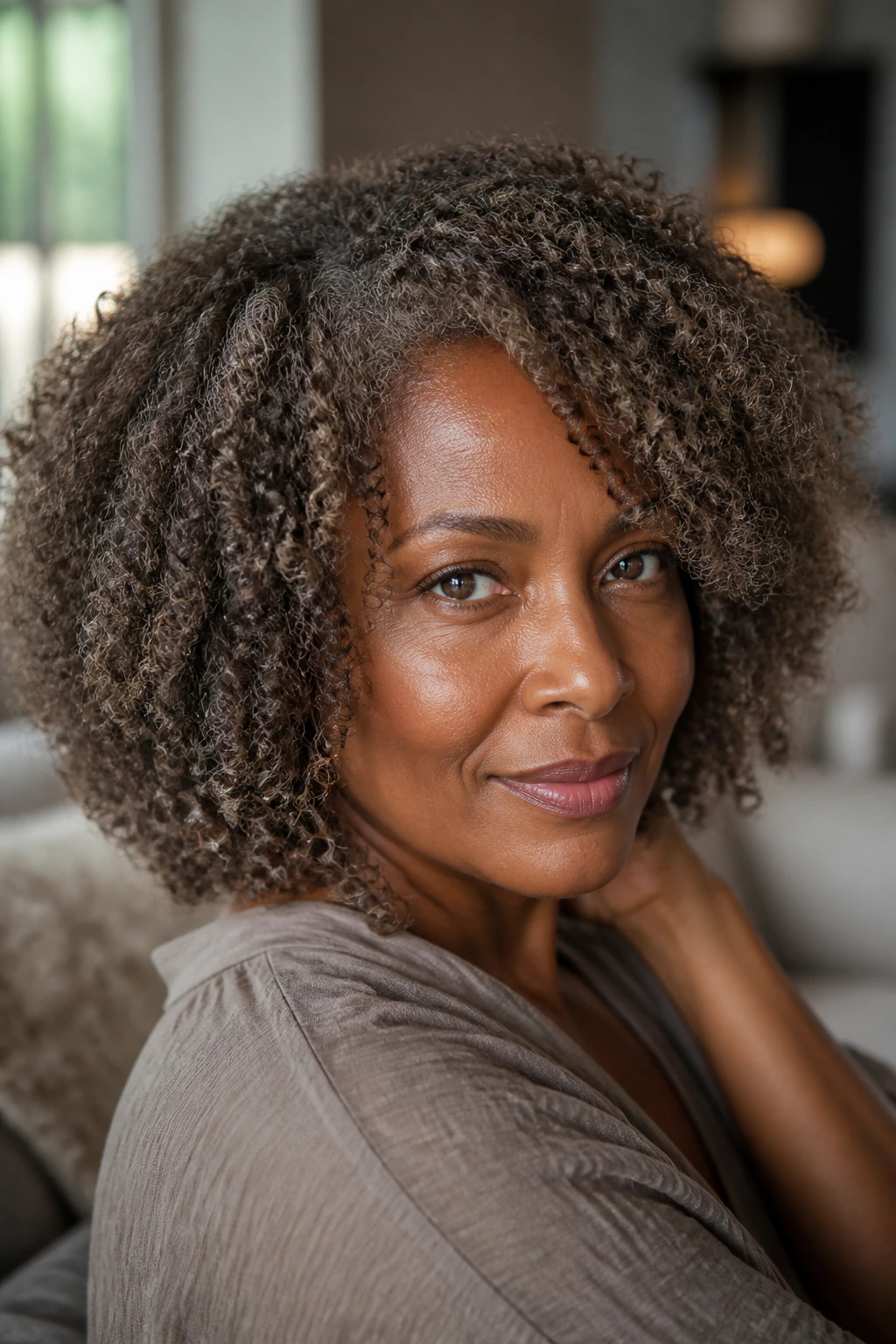 Close-up of a real person with pearl brown coils in soft natural light