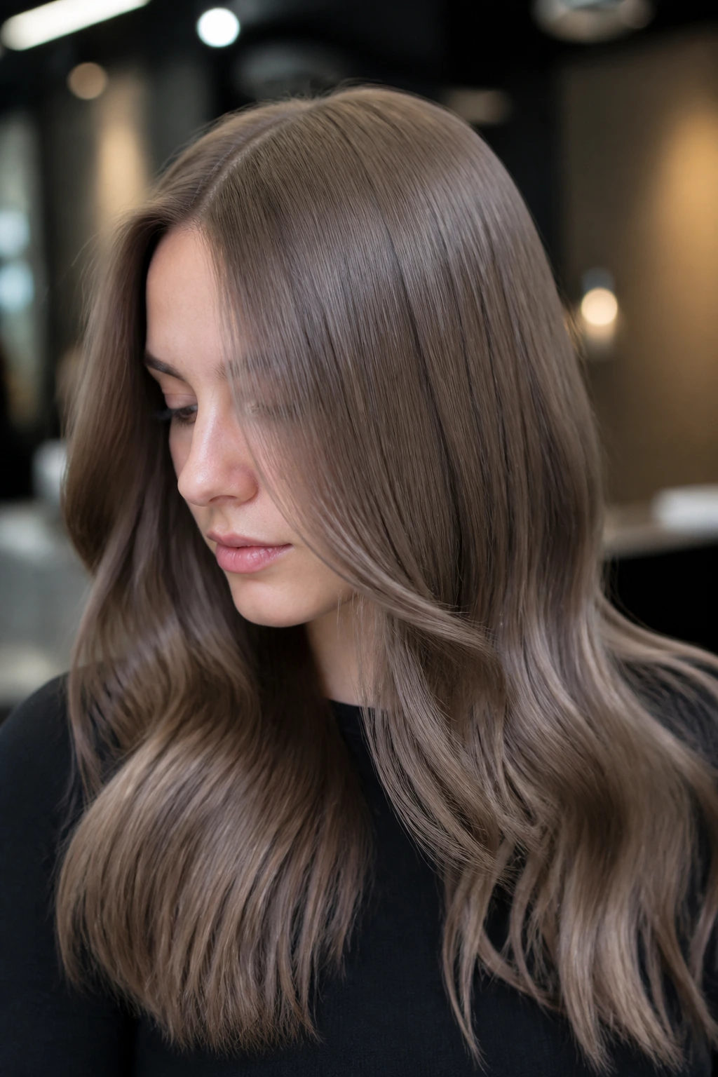 Close-up of a real woman with pearl brown glossy hair under cool lighting