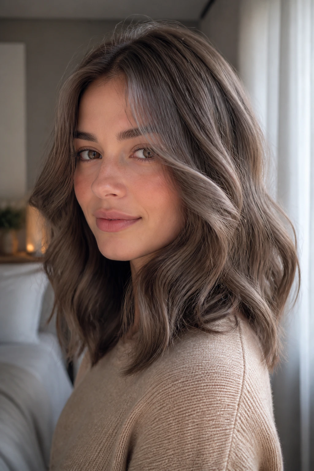 Close-up portrait of pearl brunette soft waves on cool skin