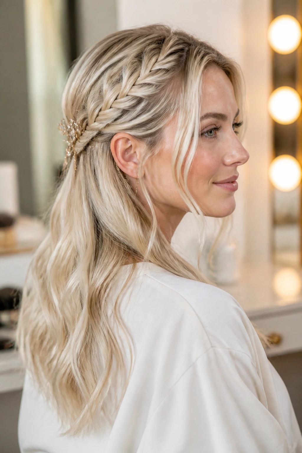 Close-up of woman with glossy pearl-beige blonde in vanity lighting