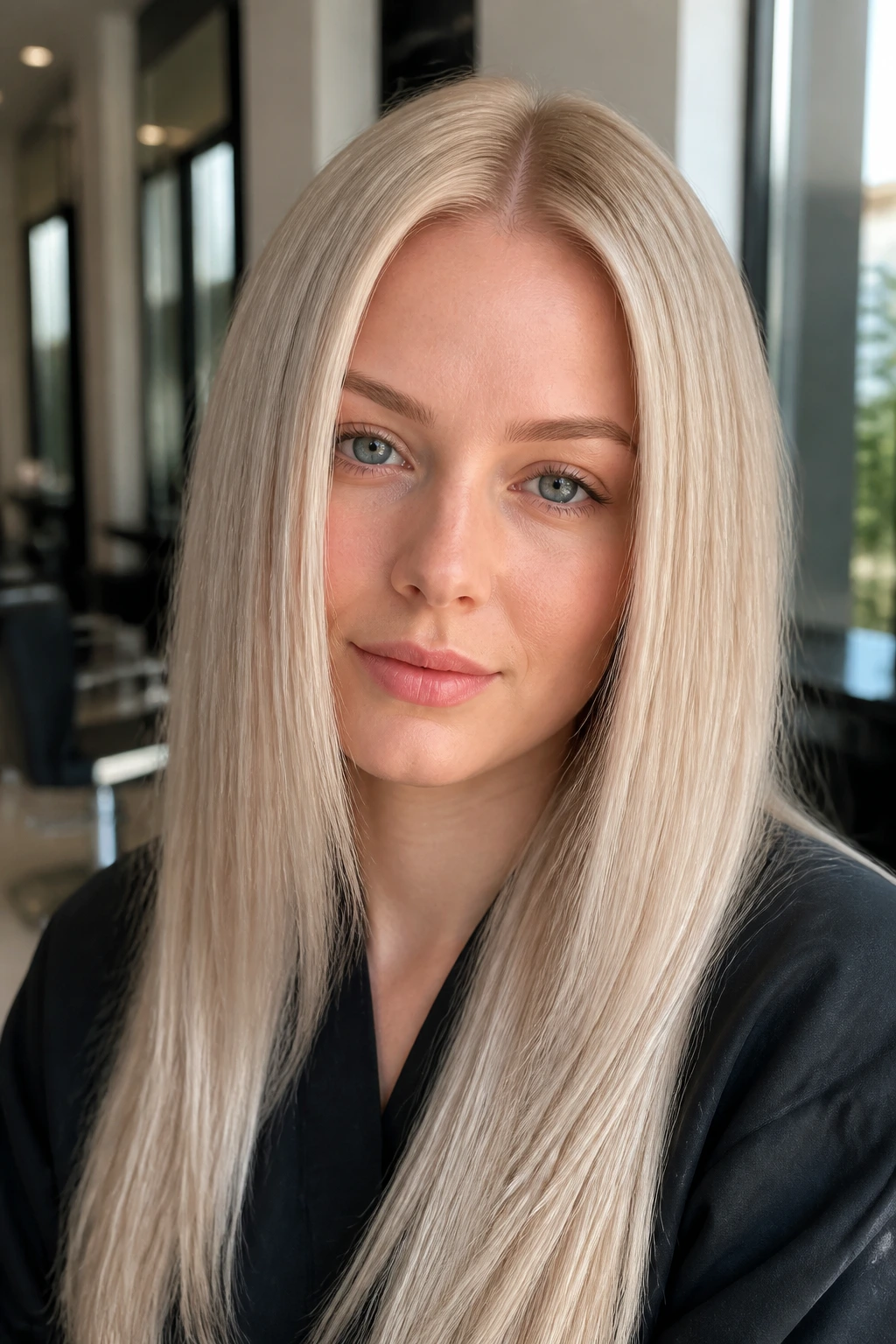 Portrait of a woman with pearl champagne hair in a center part