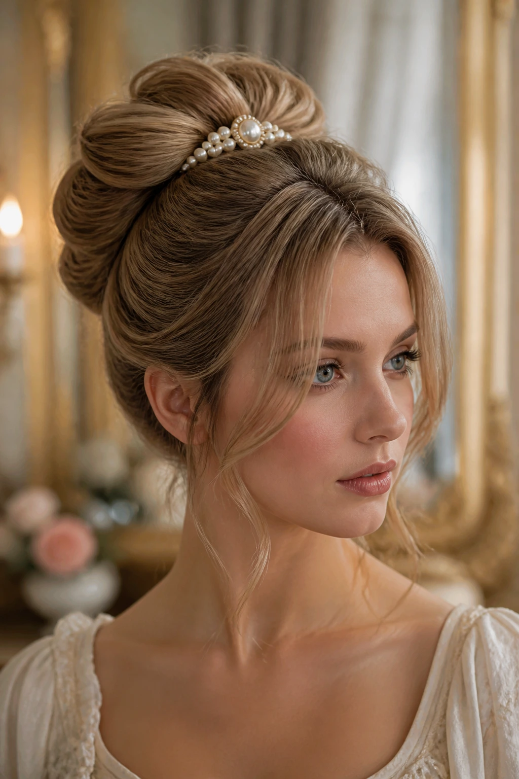 Close-up of a real woman with folded bun and pearl clasp