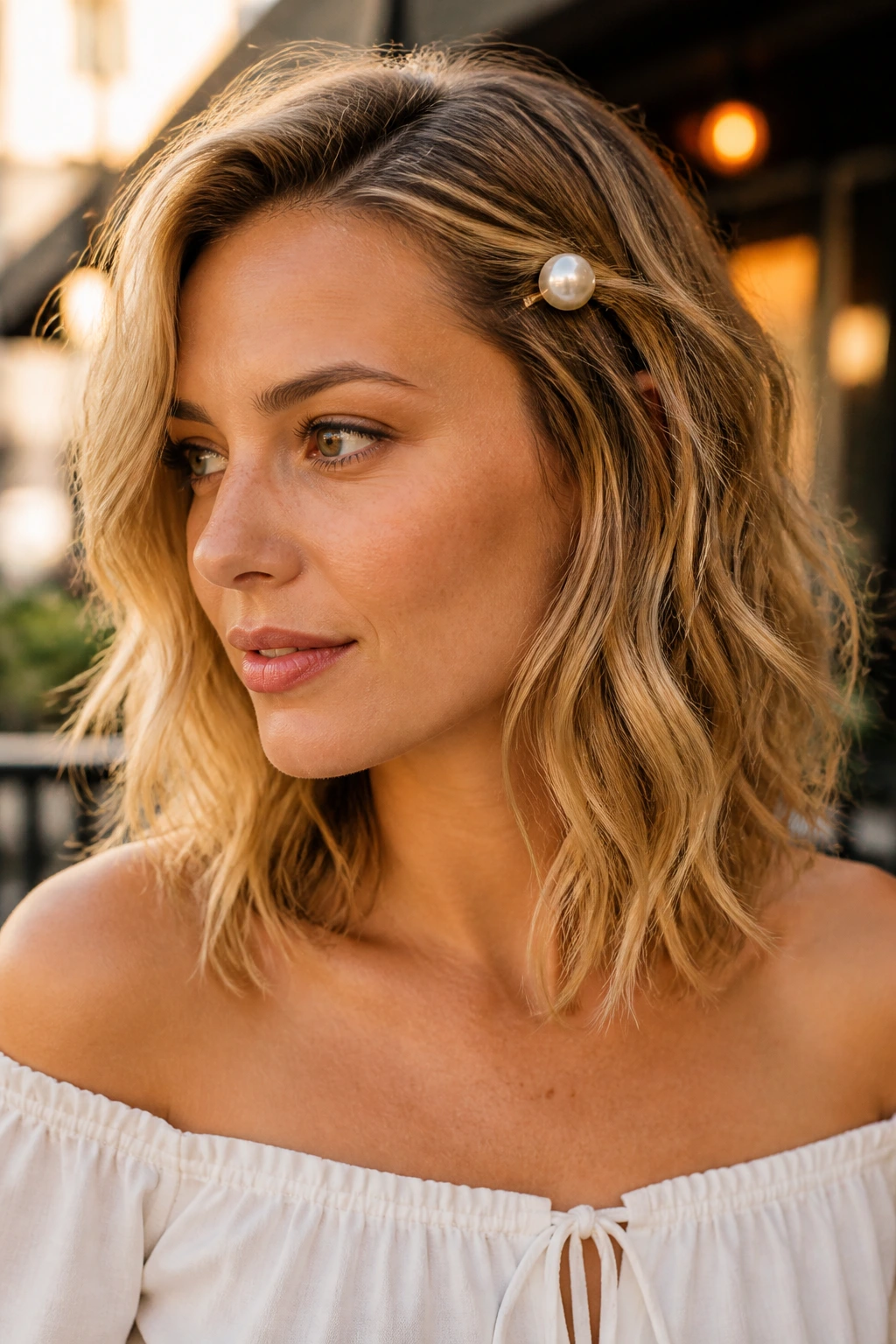 Close-up of a real woman with beachy waves swept by a pearl clip near the temple