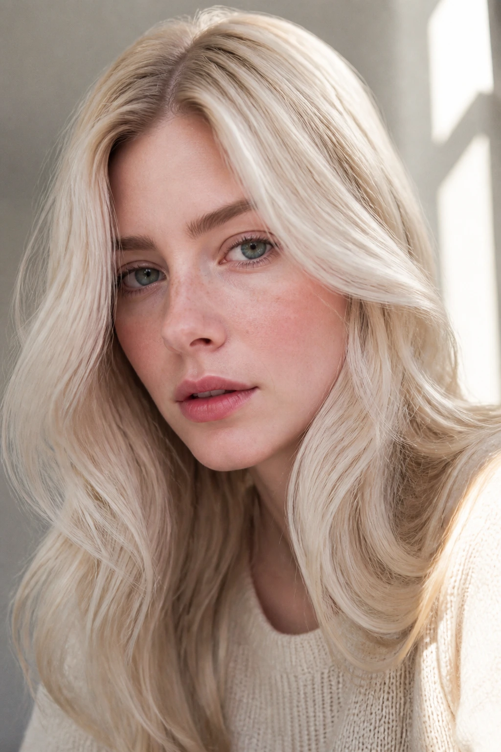 Close-up portrait of pale beige blonde hair with pearl-cool lift.