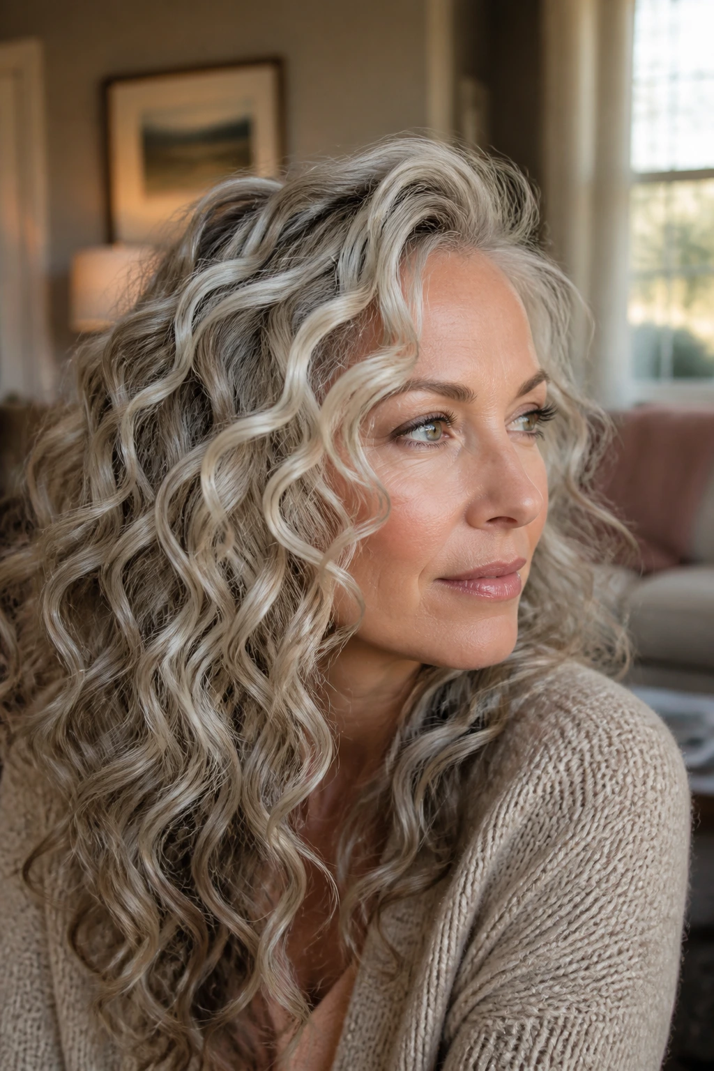Portrait of a woman with pearl curls and lowlights showing depth.