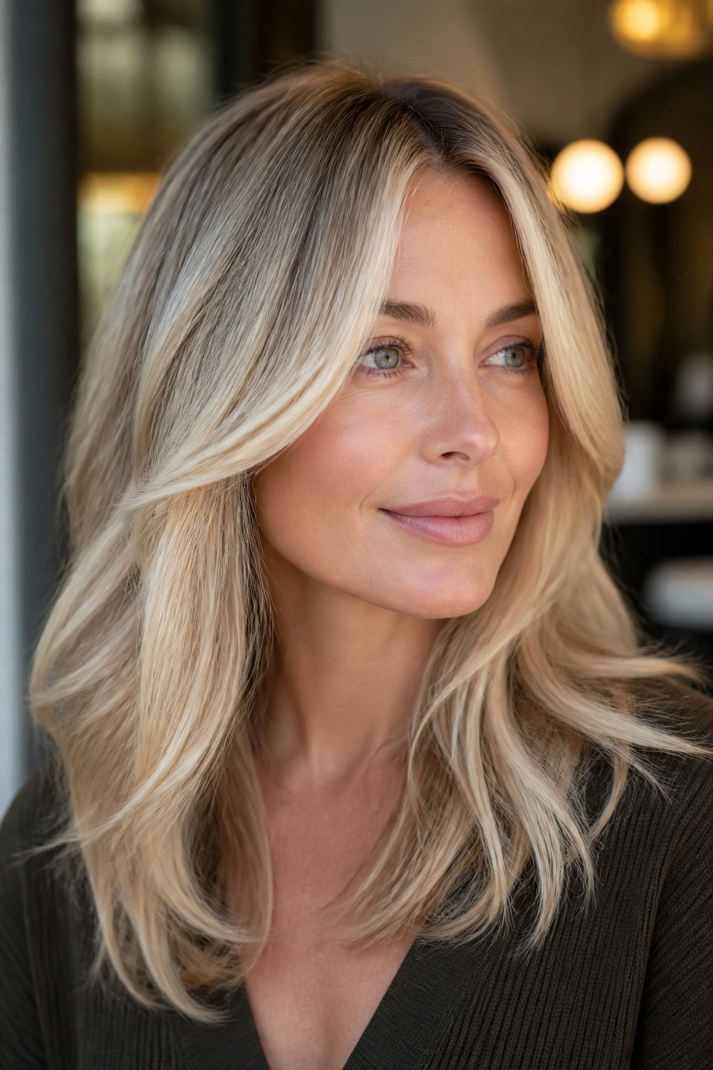 Close-up of real woman with pearl face-frame layers in pearl-beige blonde