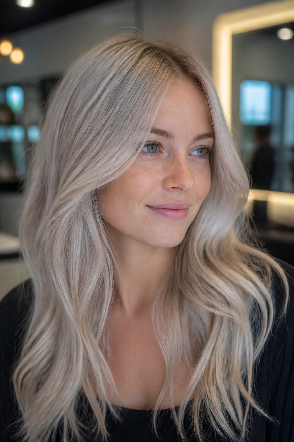 Portrait of a woman with pearl-frost ice blonde hair showing a soft beige base and pearl sheen