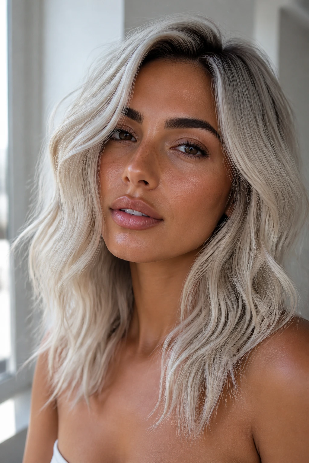 Close-up of pearl frost platinum hair blending silver-beige on tan skin in daylight