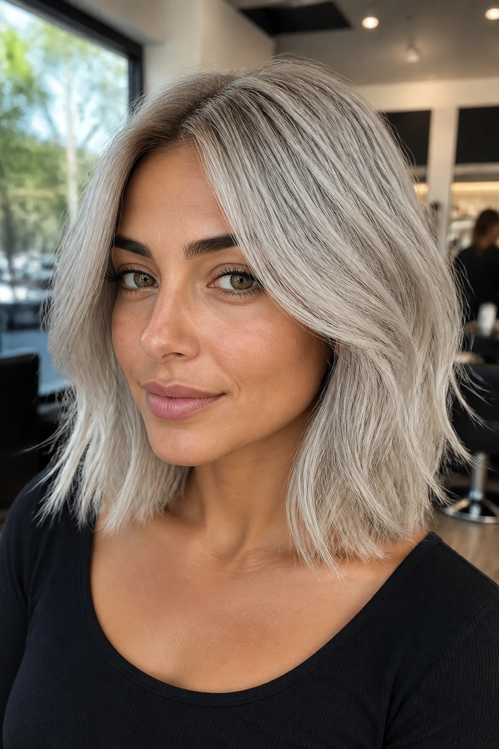 Close-up of a person with shoulder-length pearl-glaze silver hair on olive skin.