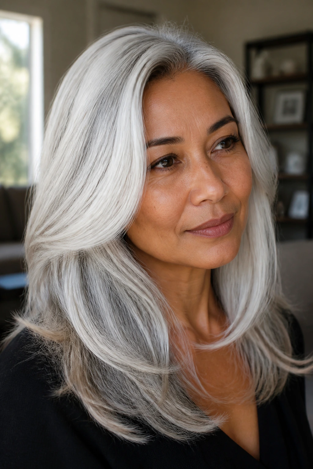 Close-up portrait of a woman with medium skin tone and pearl-gloss silver hair with smoked root.