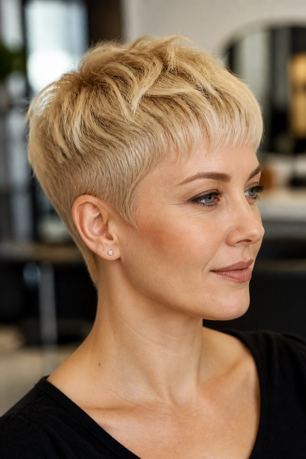 Close-up portrait of a real woman with pearl gold cropped hair for cool skin tones