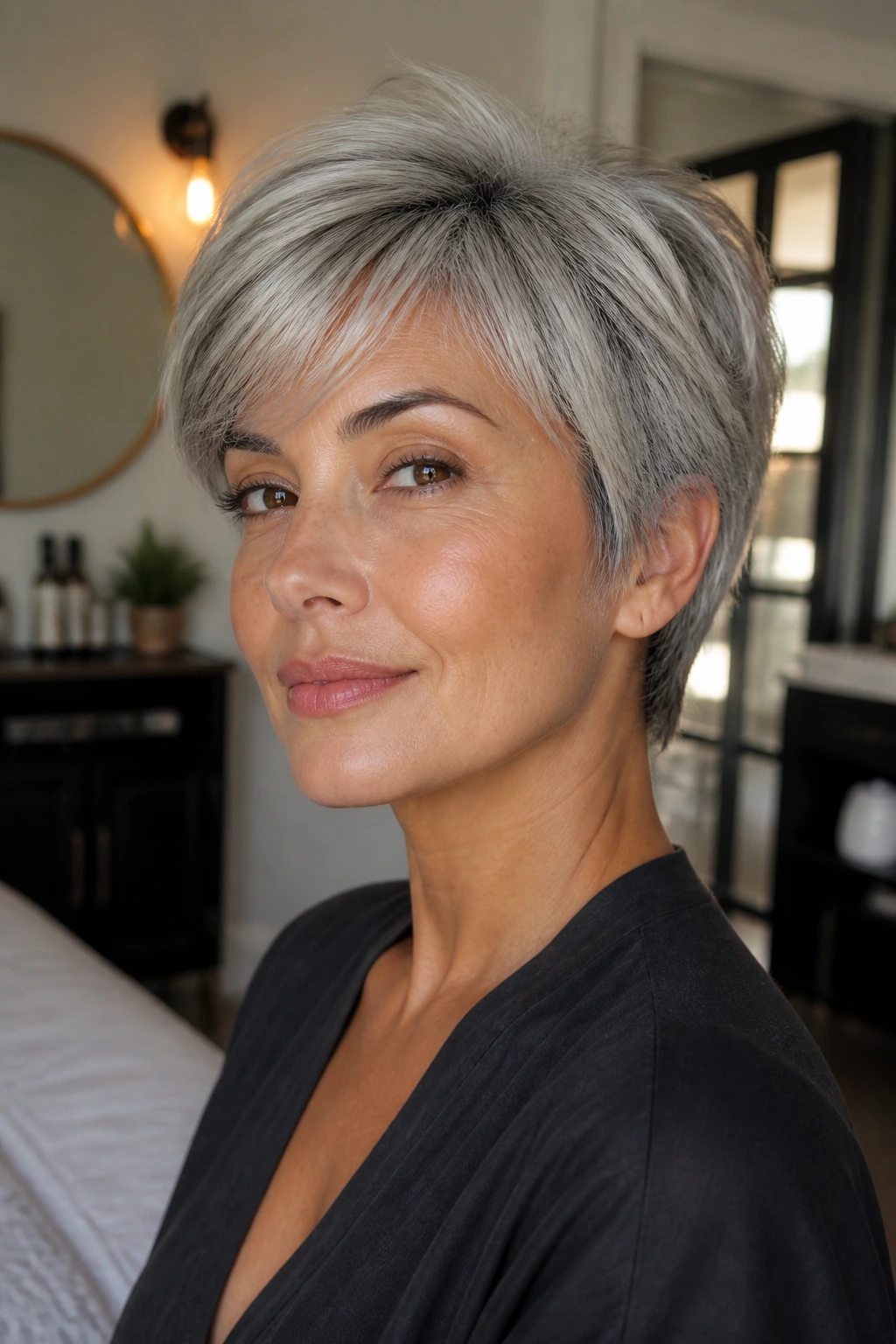 Close-up portrait of a real woman with Pearl Gray Bixie Cut against olive skin in window light
