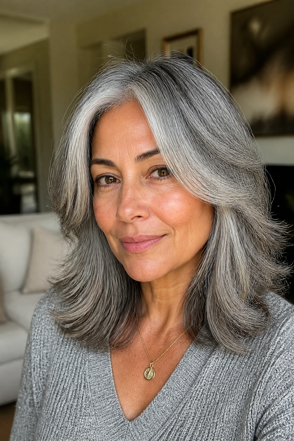 Portrait of woman with pearl gray curtain layers framing face