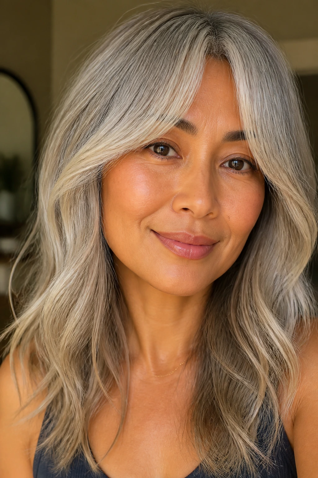 Close-up portrait of a real woman with pearl-gray glaze over dark blonde hair