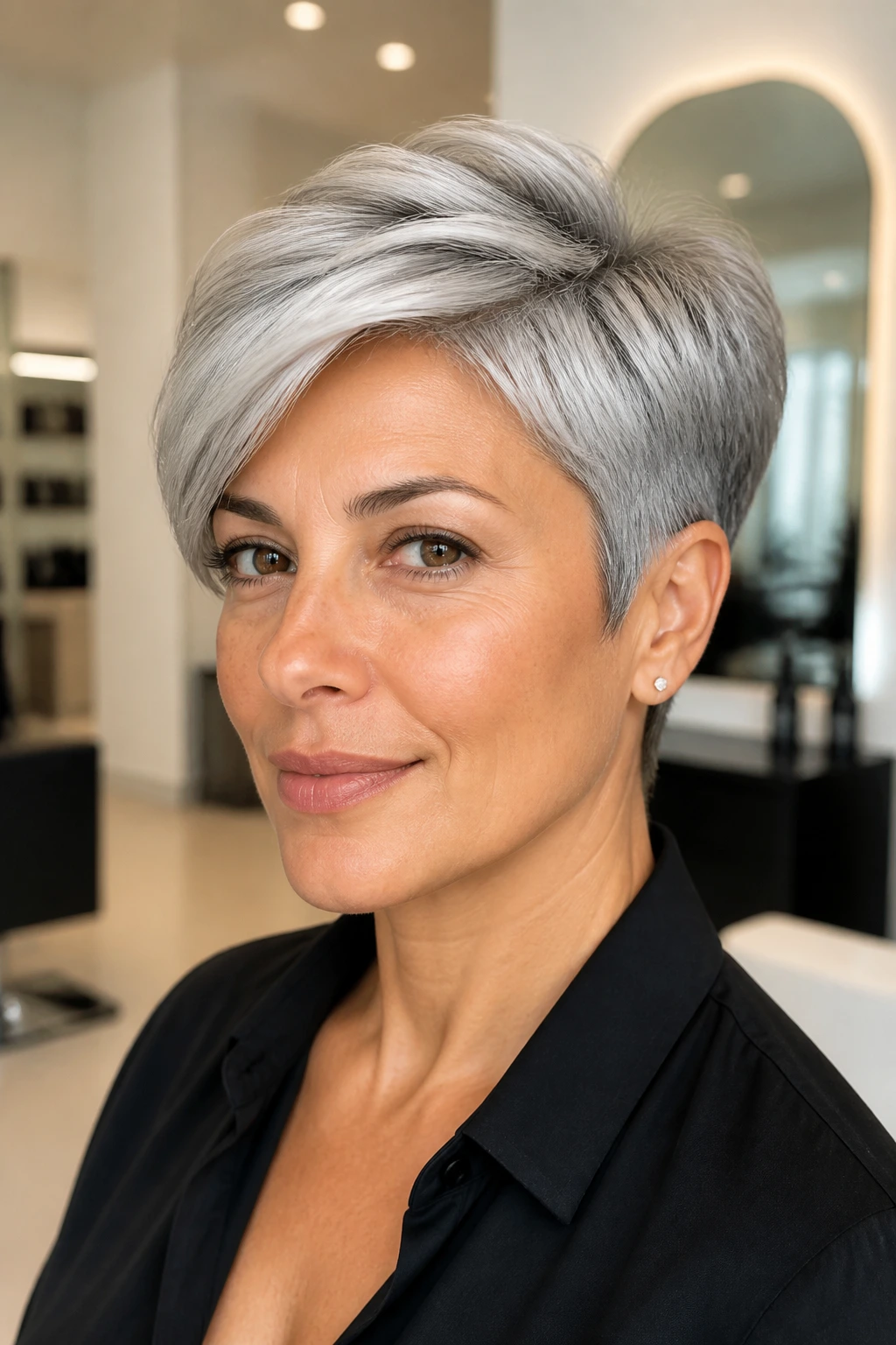 Portrait of a woman with pearl-gray pixie bob on olive skin