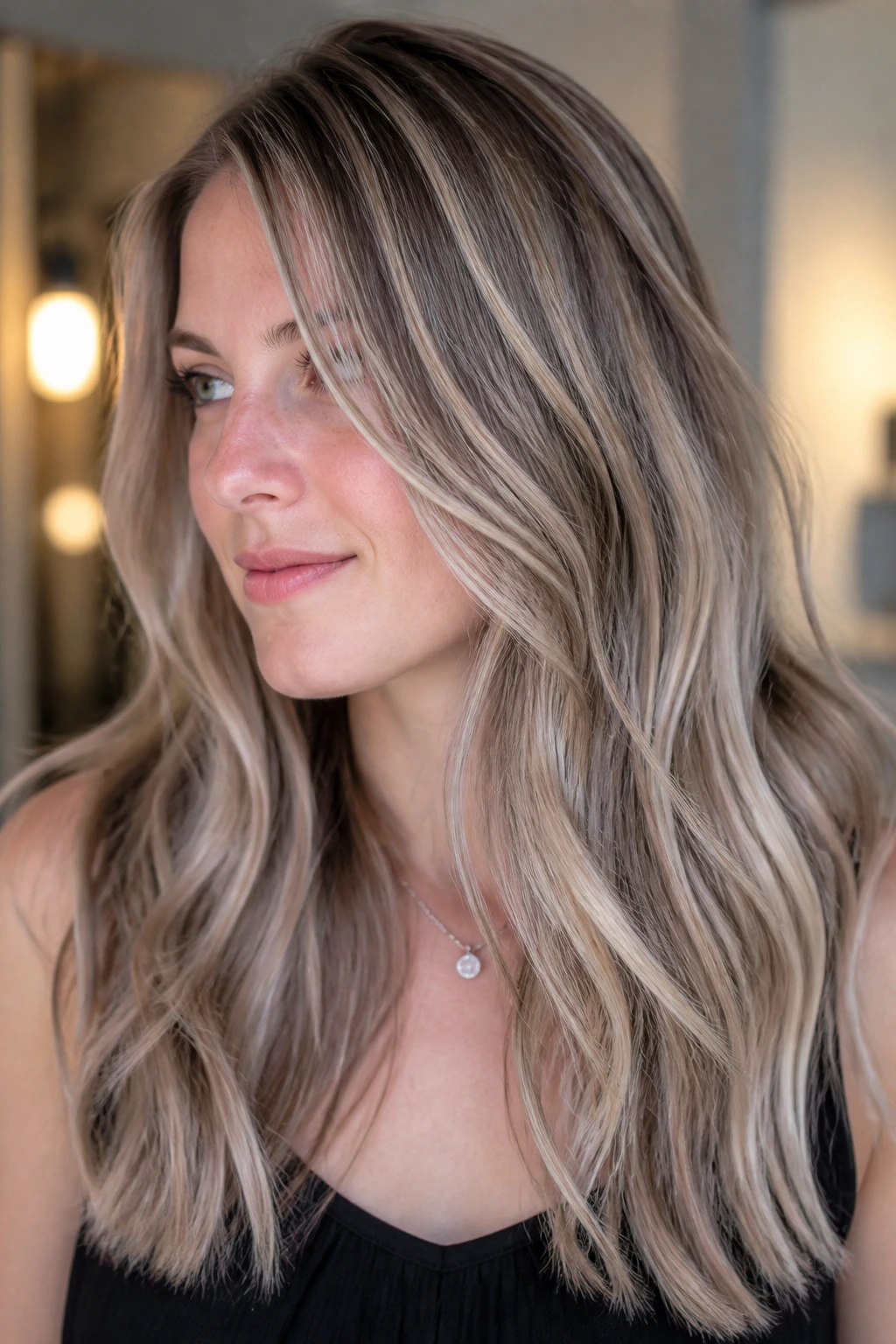 Close-up portrait of a real person with delicate pearl grey babylights.