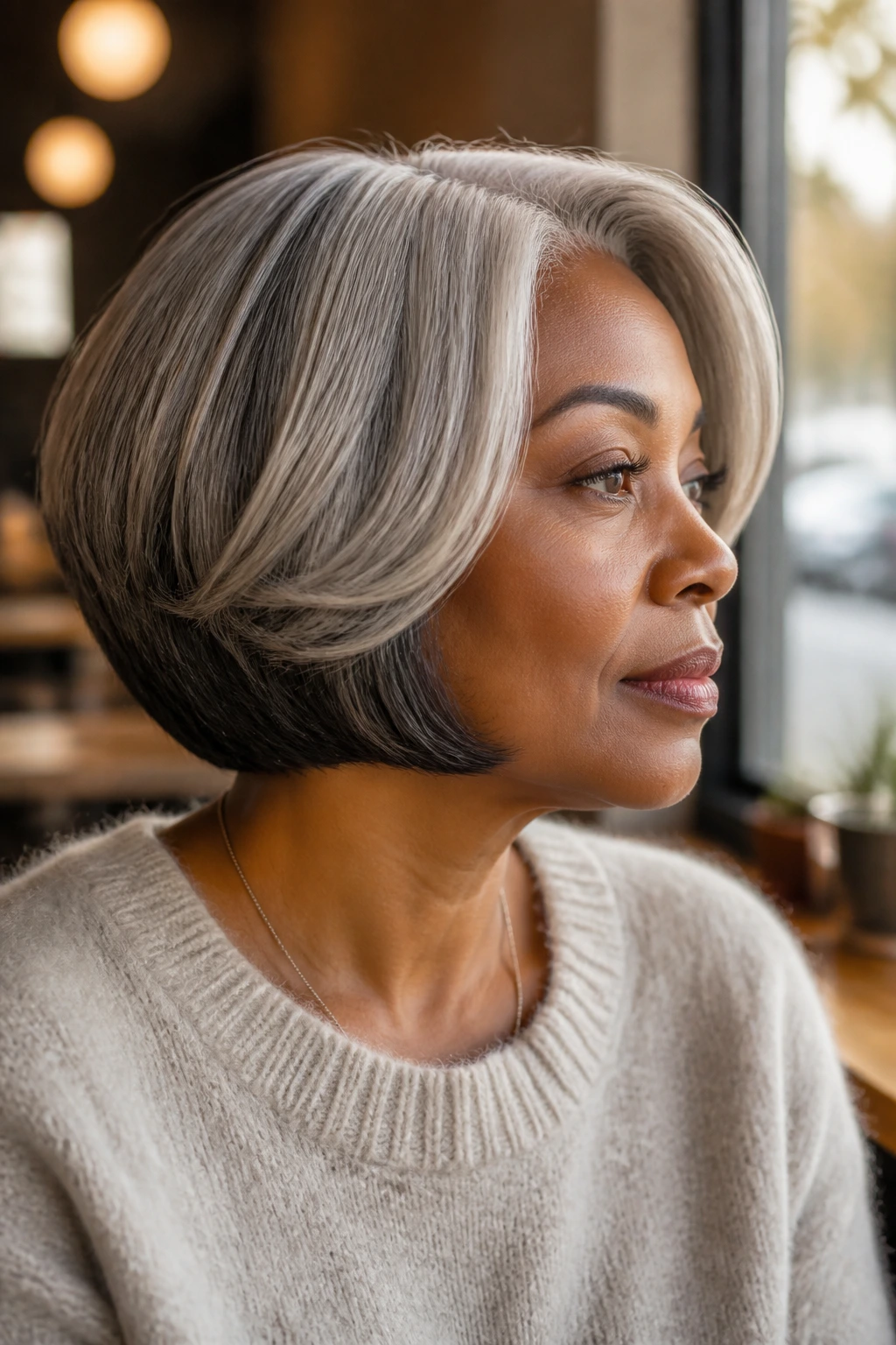 Close-up portrait of a real person with pearl grey bob and cocoa shadows