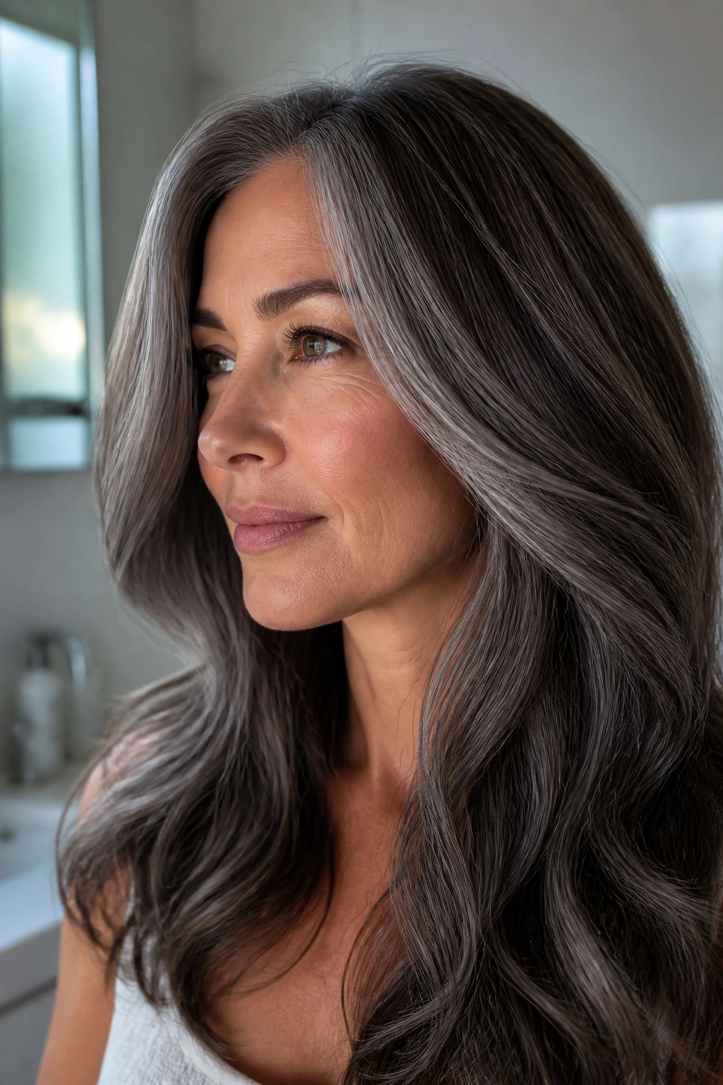 Portrait of a real woman with pearl-grey gloss over brunette hair for a cool, sheer finish.