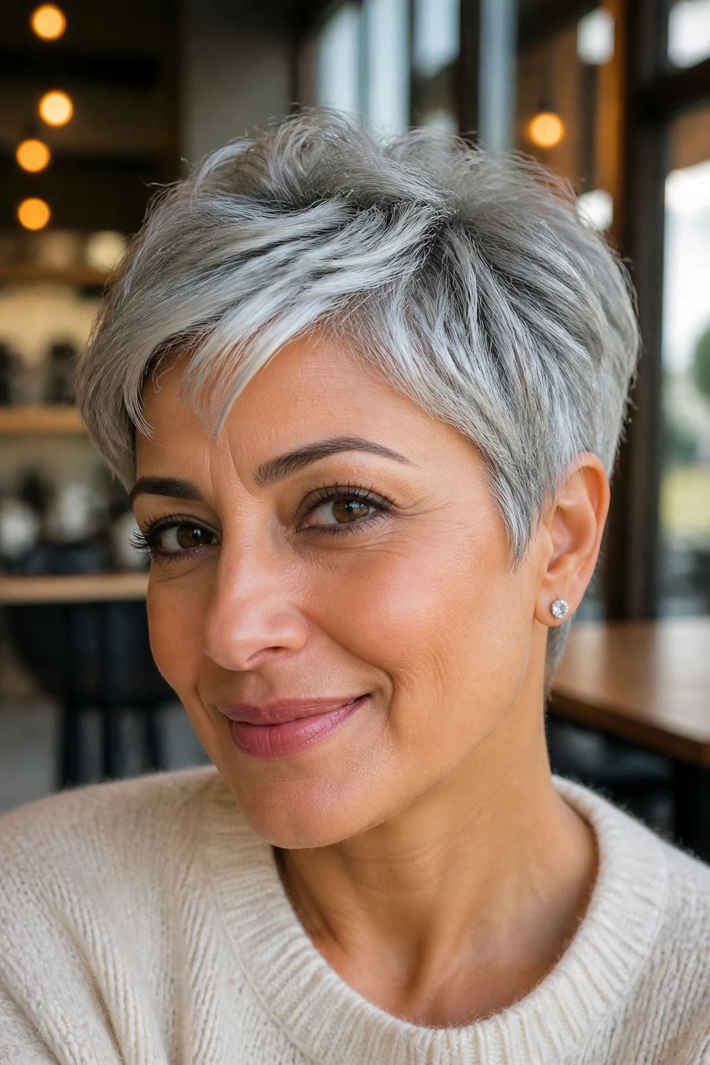 Portrait of a real person with pearl grey pixie and bright silver highlights