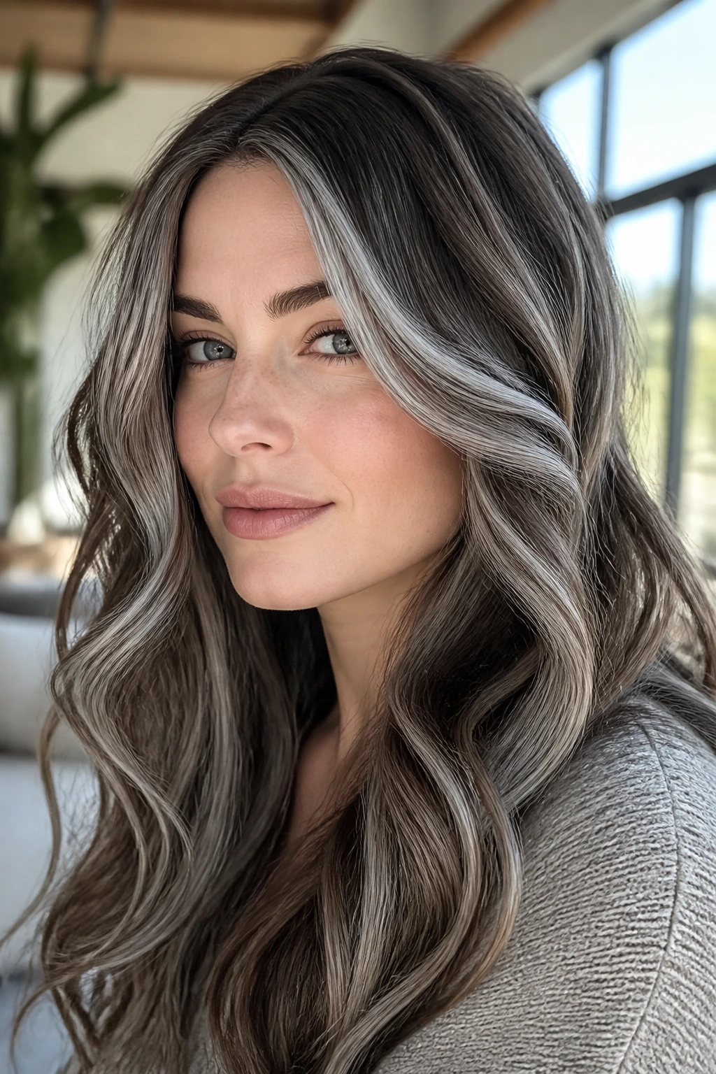 Portrait of a woman with pearl grey ribbons in diagonal waves framing her face.
