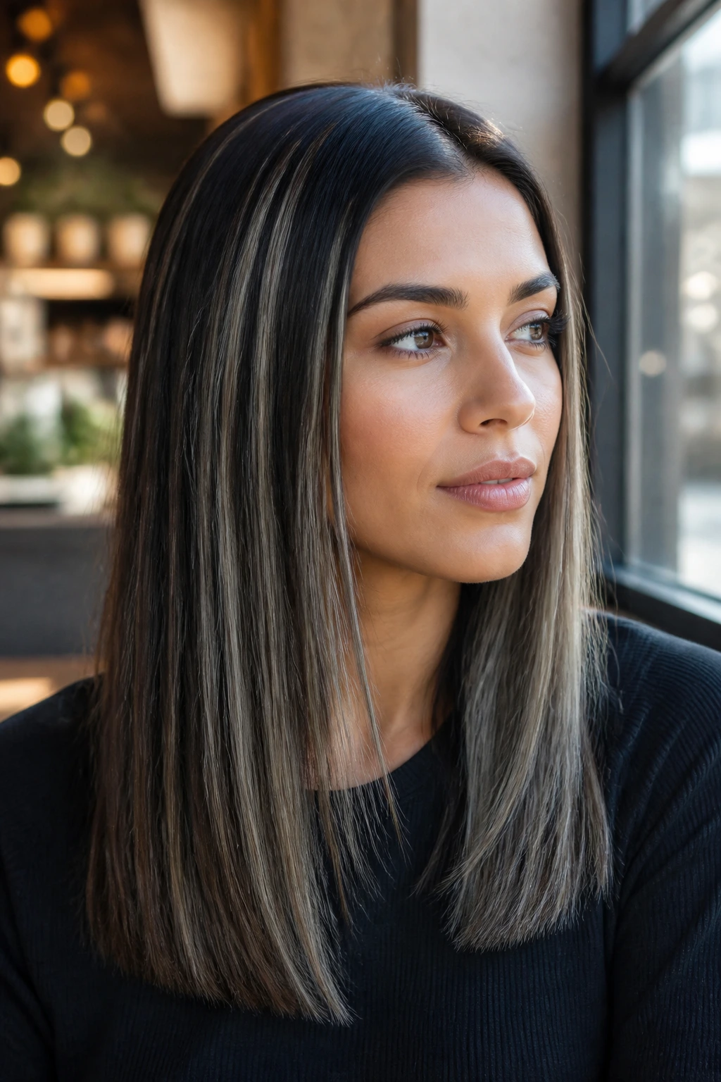 Real person with straight midi hair and pearl grey streaks.