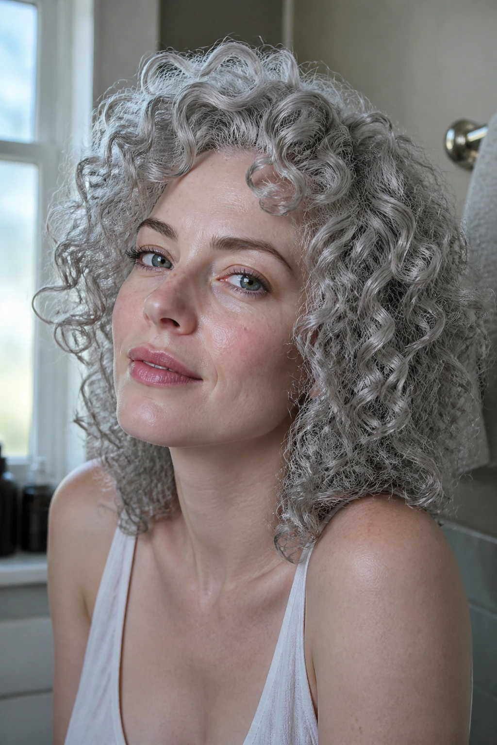 Close-up of a real person with pearl grey twist-out curls in soft window light.