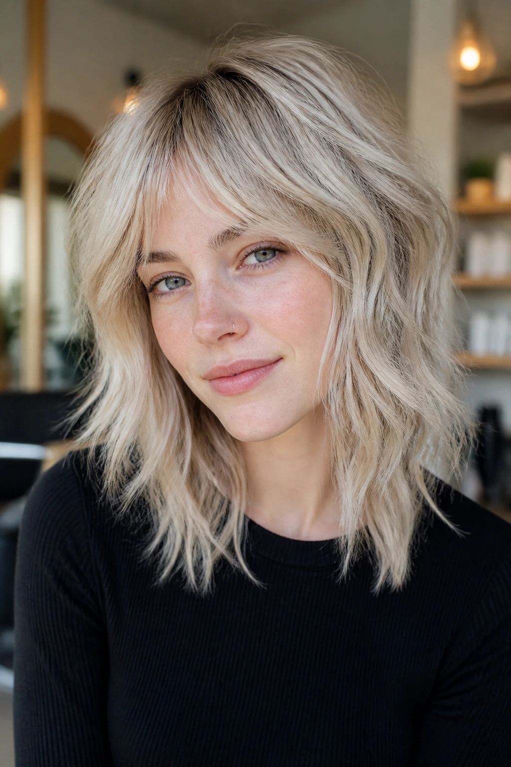 Close-up portrait of a woman with pearl blonde shag and lowlights