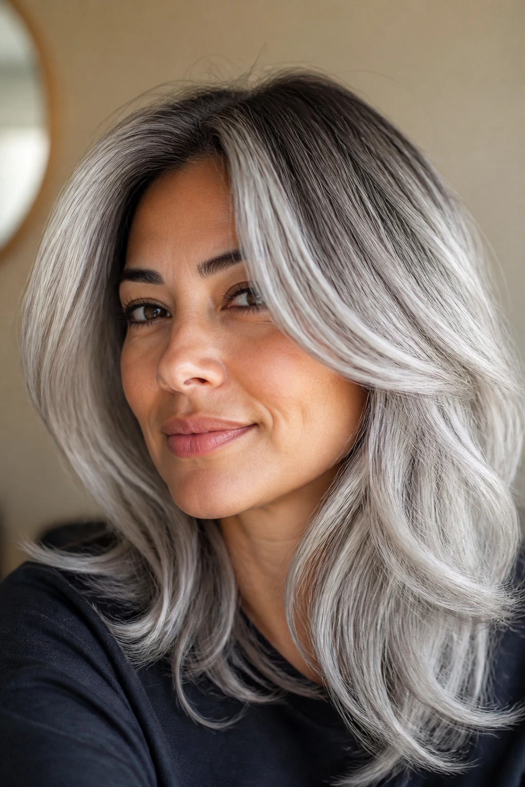 Portrait showing pearl melt and mushroom silver on a real person with medium skin tone.