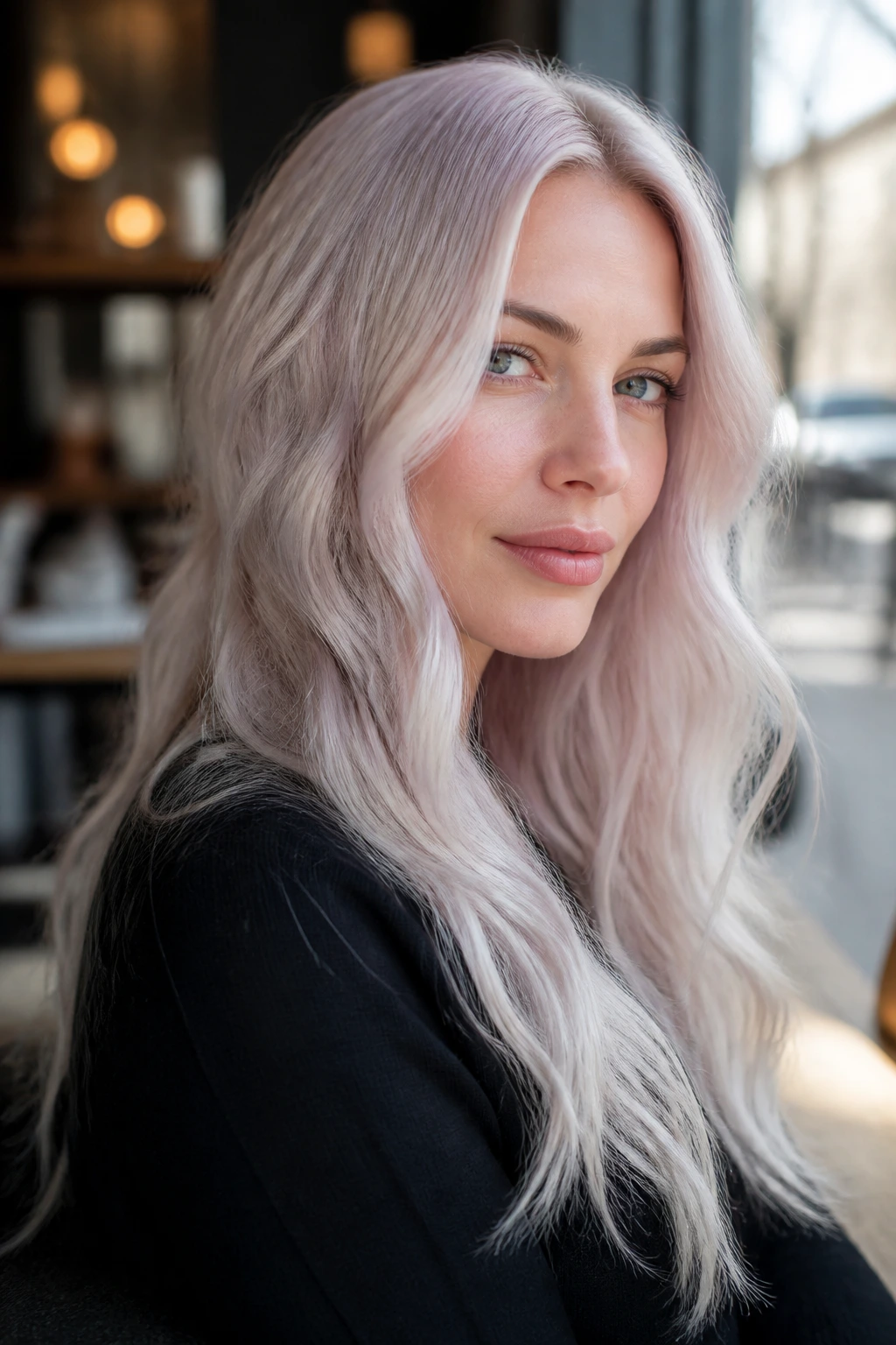 Real person with pearl milk silver hair showing subtle rose gloss in natural light