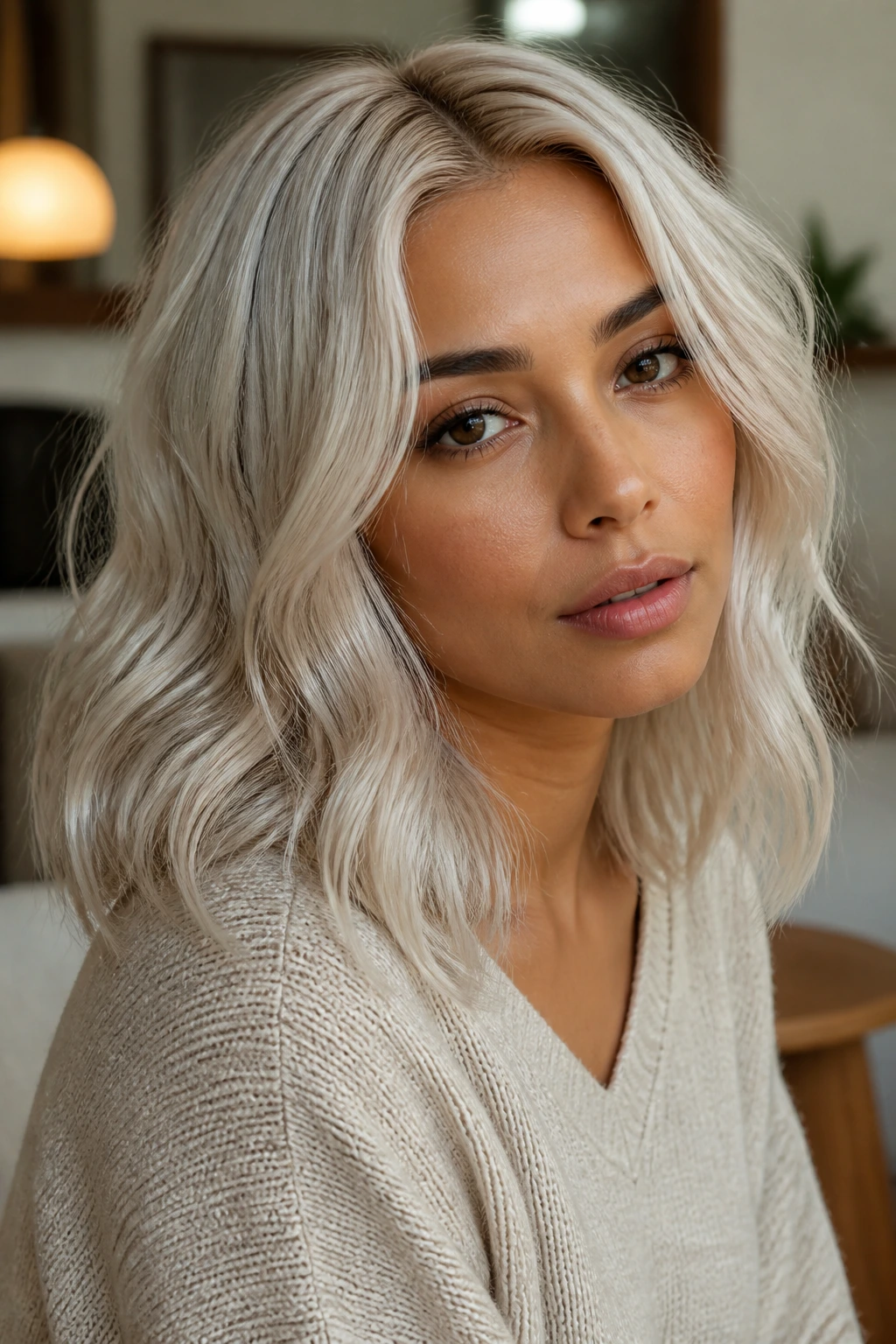 Portrait of a person with Pearl Mist Platinum hair and beige cast