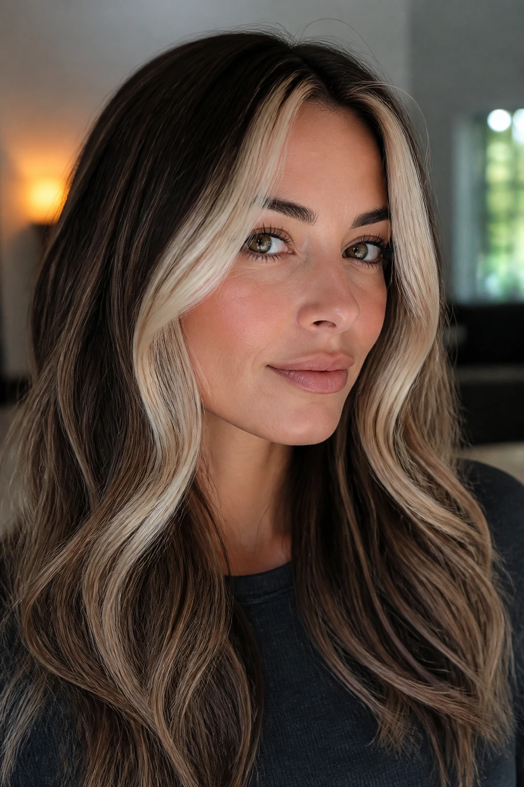 Close-up of a real woman with pearl blonde face-framing money piece and deeper brunette hair.