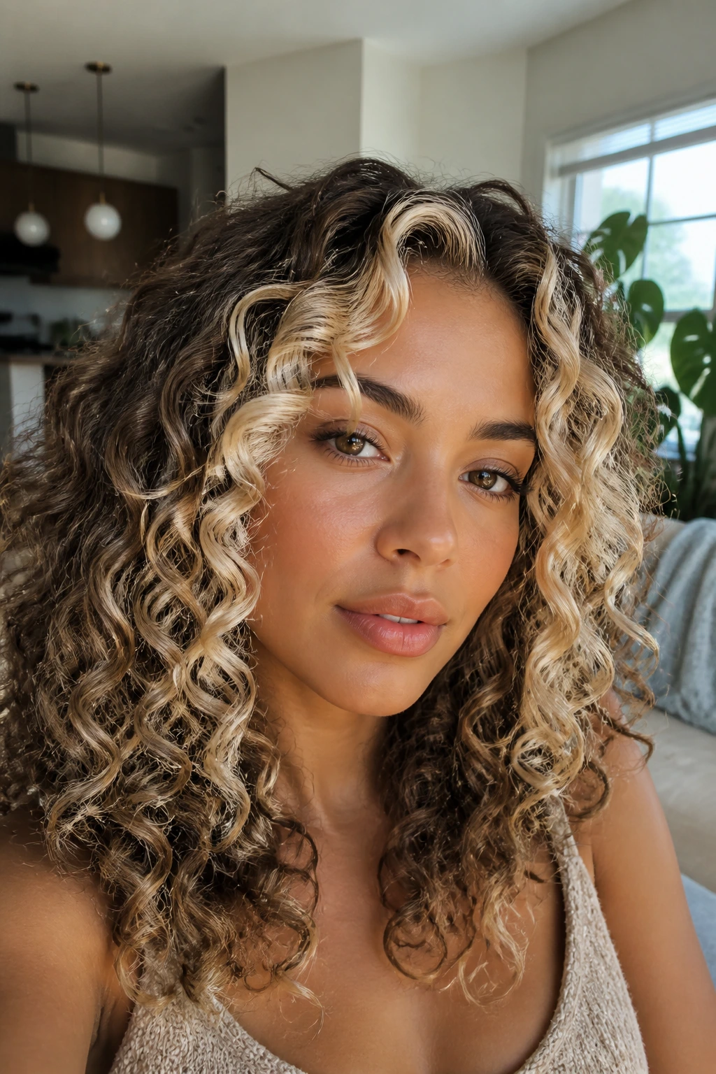 Close-up of curly hair with pearl money pieces along the front framing the face.