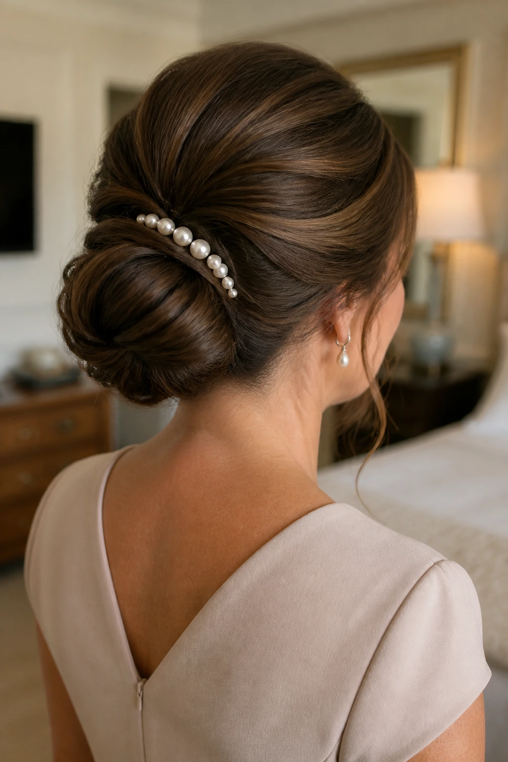 Back-three-quarter view of Pearl-Pin Chignon on a real woman