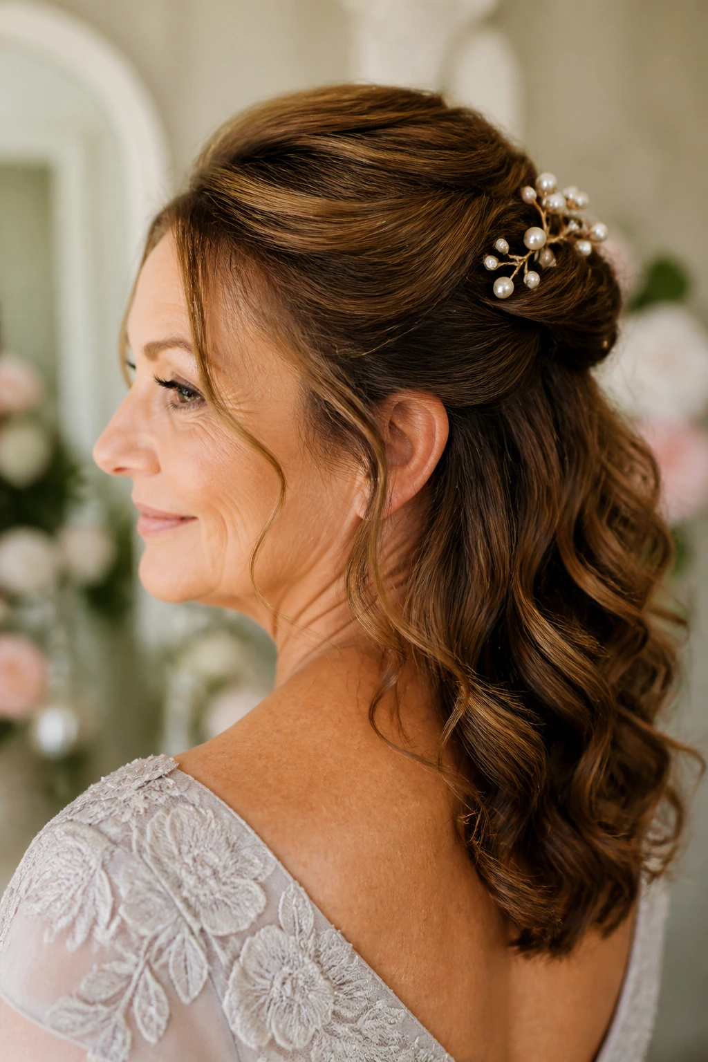 Close-up of a real woman with pearl-pin half-up hairstyle in a dressing room