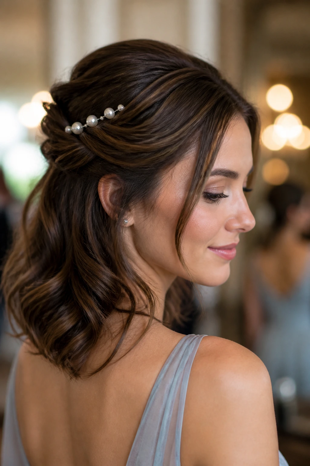 Real woman with pearl-pin side sweep hairstyle on one side.