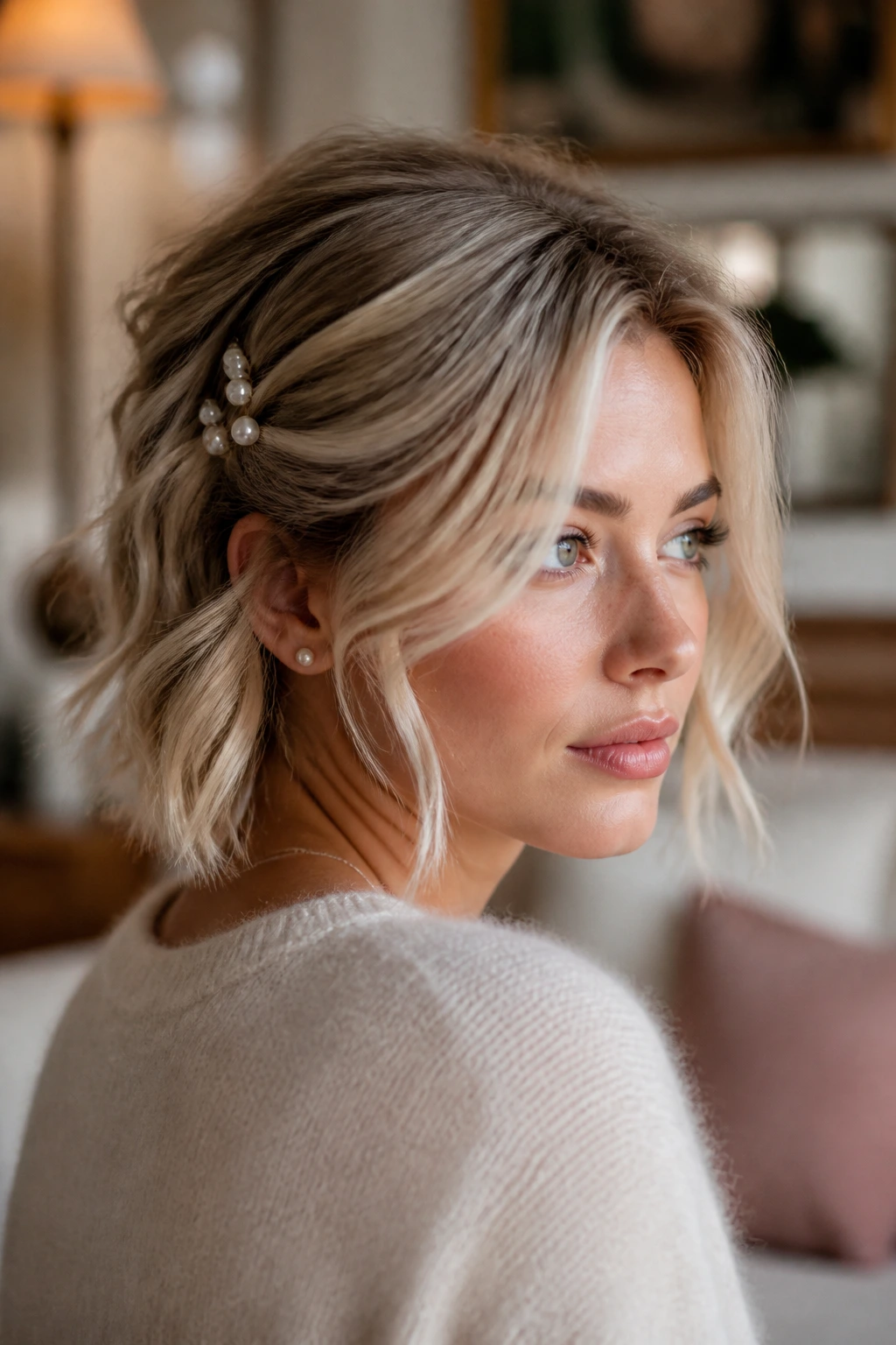 Portrait of a real person with cool blonde hair and pearl pins