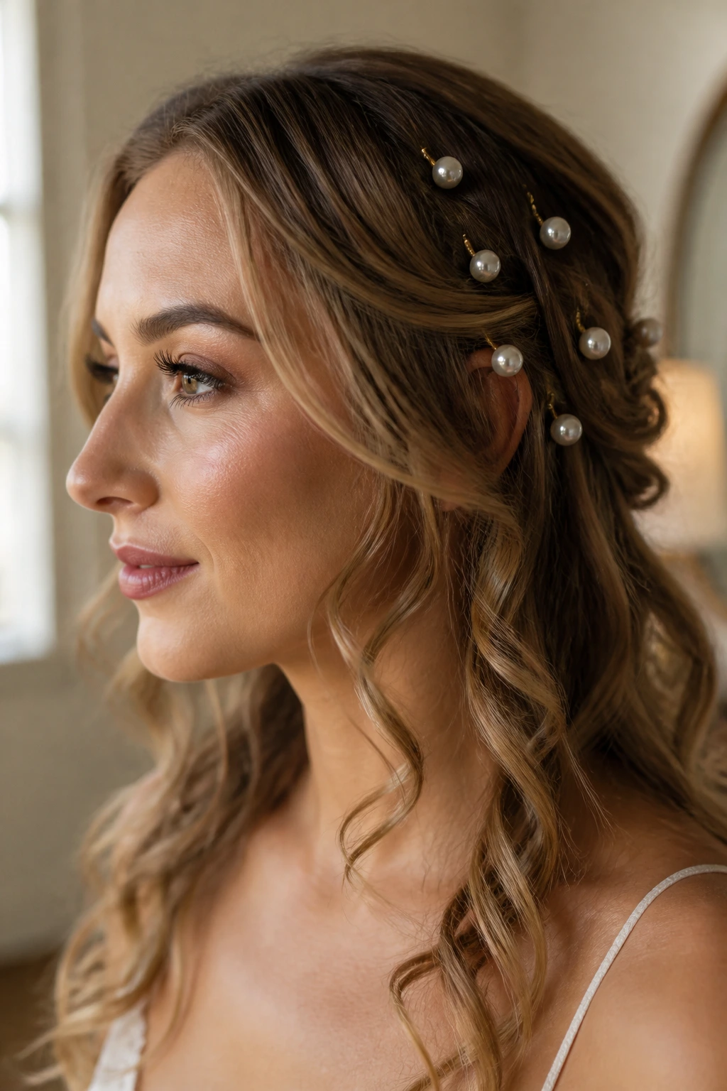 Headshot of loose curls with scattered pearl pins on one side