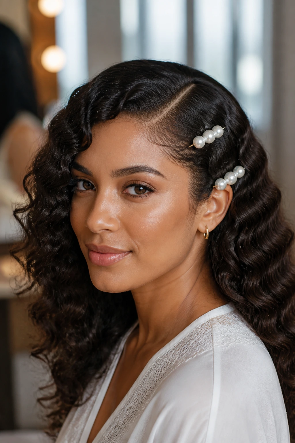 Close-up portrait of a real woman with pearl-pinned deep waves in curly hair