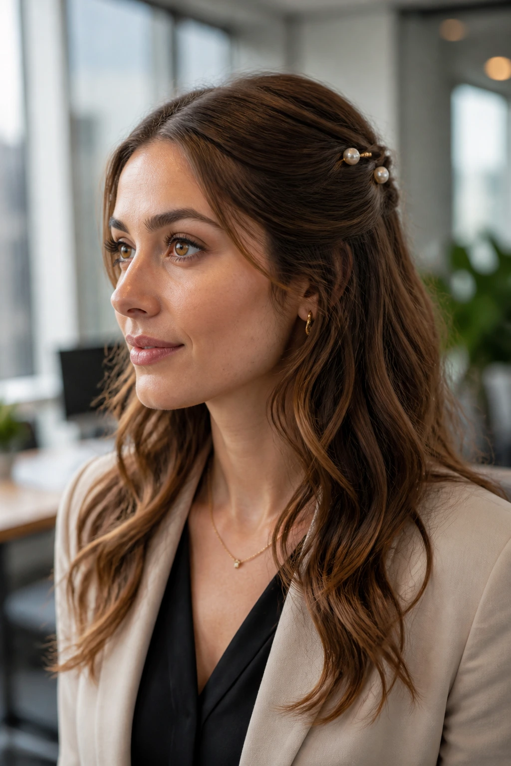 Portrait of a woman with pearl pins in a half-up hairstyle